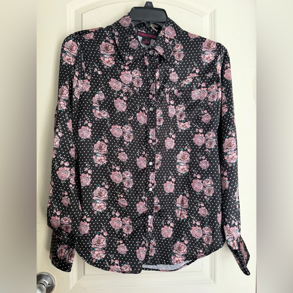 Rock & Roll Cowgirl roses dots Black and Pink Floral Button Down Shirt